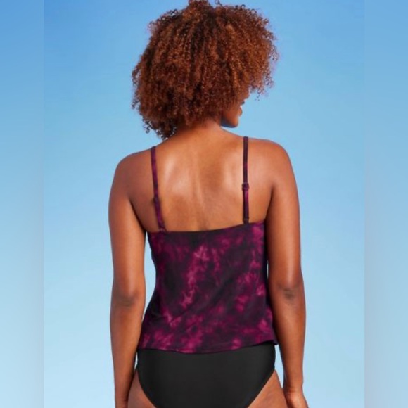 Women's Black & Burgundy Tie Dye Tiered Tankini Top - Aqua Green® - Picture 2 of 12